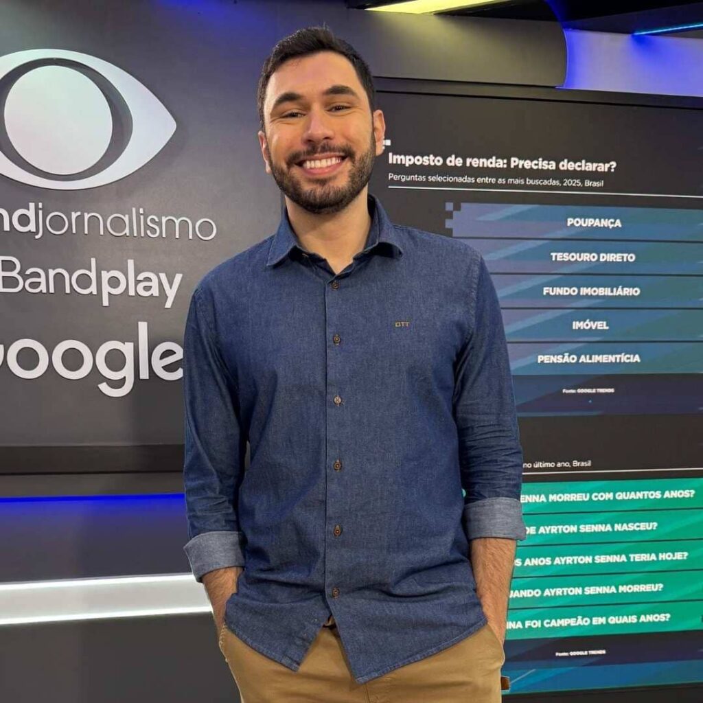 Luccas Balacci veste camisa jeans OTT, marca de moda masculina do Grupo Breda, em programa da Band.